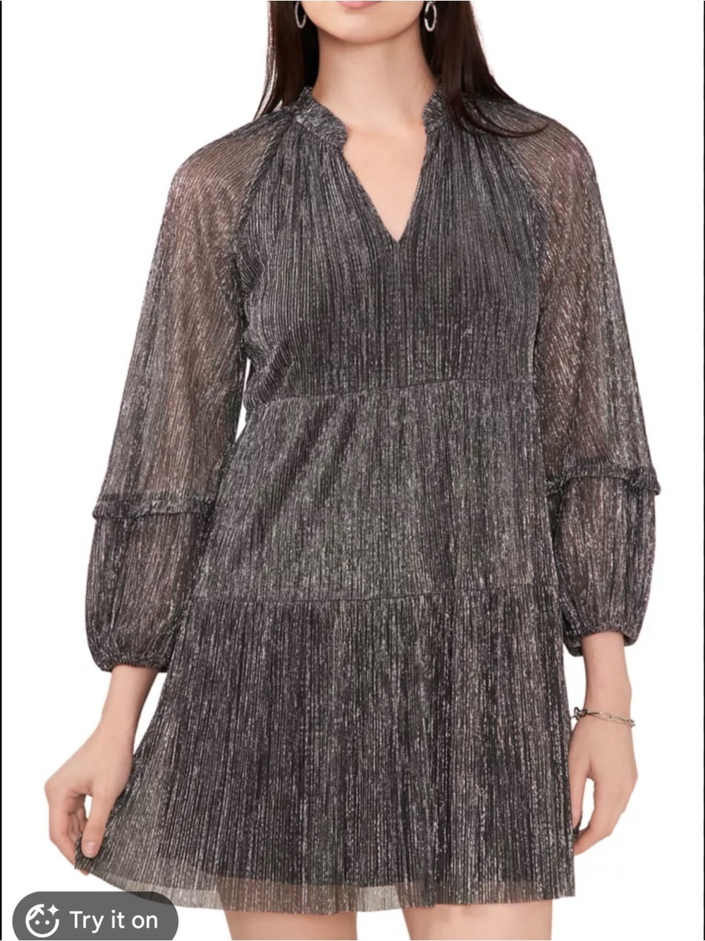 1.STATE Metallic Pleated Mini Dress Size S Silver Tiered Shimmer